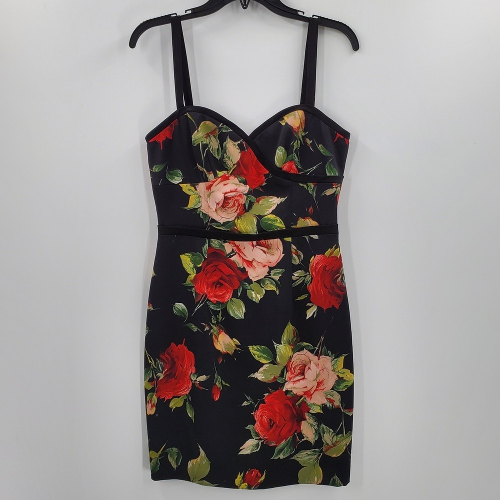 Women's Black Halo Daria Sheath Floral Dress Size 12 Black Red Floral
